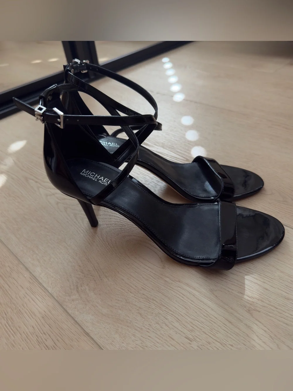 MICHAEL Michael Kors Ava Mid Patent Leather Strappy Sandal Black Size 10